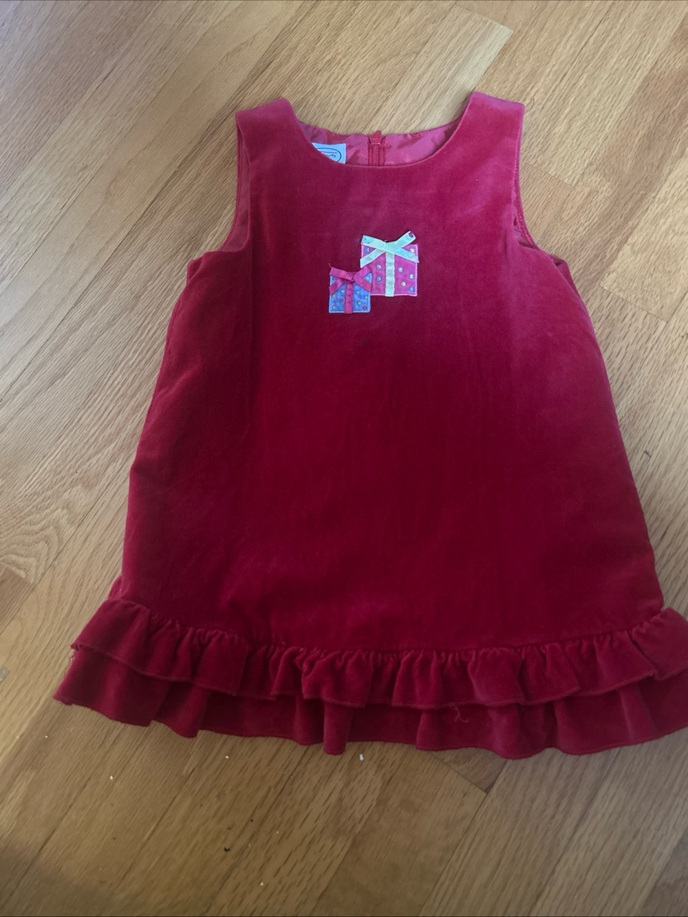Talbots Girls Red Velvet Ruffle-Hem Dress with Present Applique